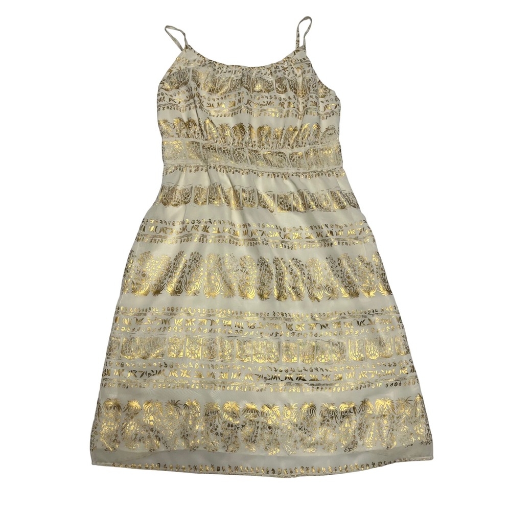 Mark White Gold Metallic Foil Block Print Spaghetti Strap Midi Dress Small